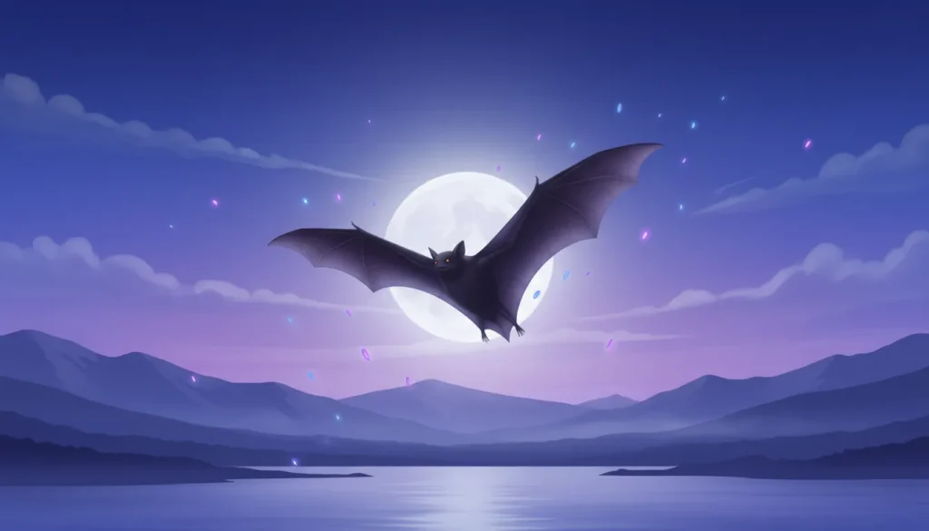 Bat flying at dusk symbolizing spiritual transformation and intuition.