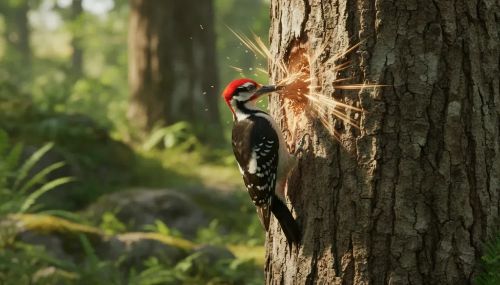 Woodpecker tapping a tree representing persistence and opportunity.