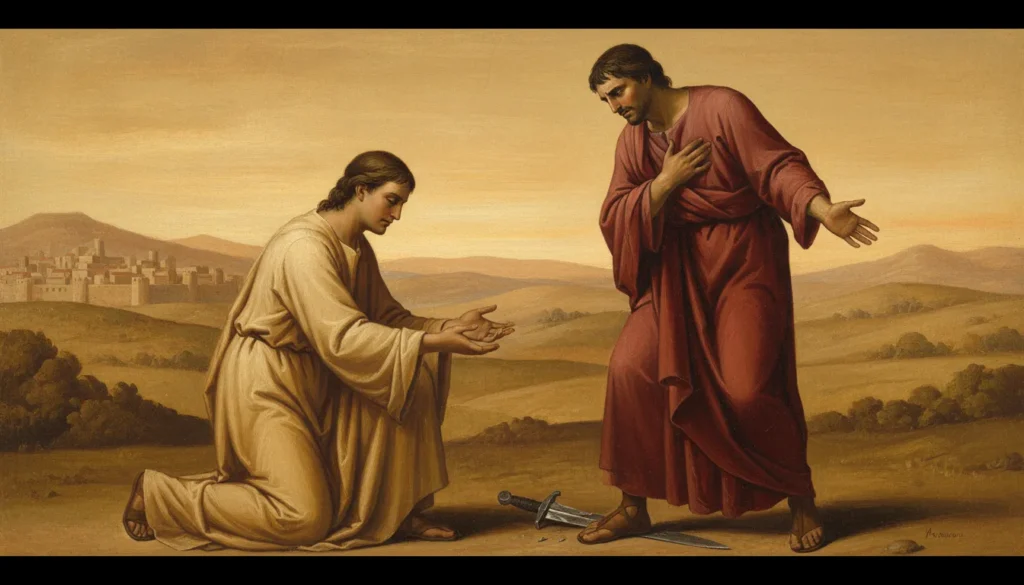 Illustration representing the Parable of the Unmerciful Servant and the theme of forgiveness.