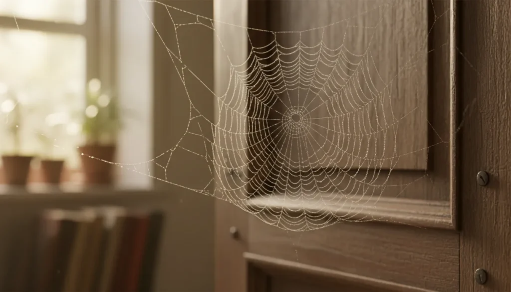 Spider spiritual meaning symbolized by a web appearing unexpectedly in everyday life.