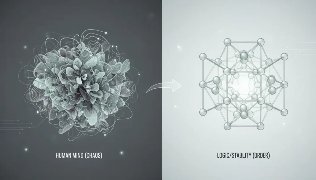 Illustration showing the contrast between mental noise and the stable structure of crystals.