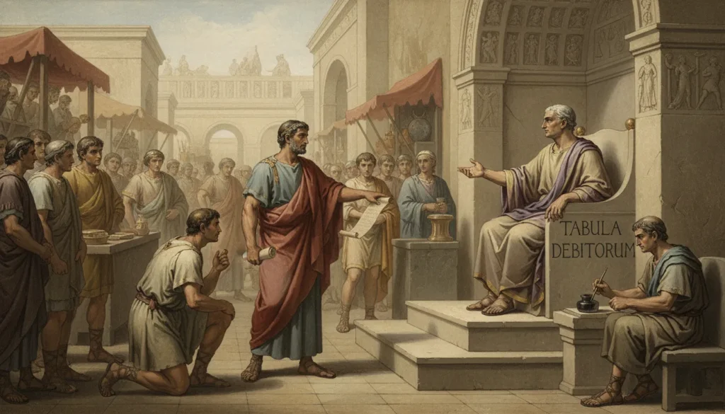 Historical depiction of debt and financial punishment in the first century.