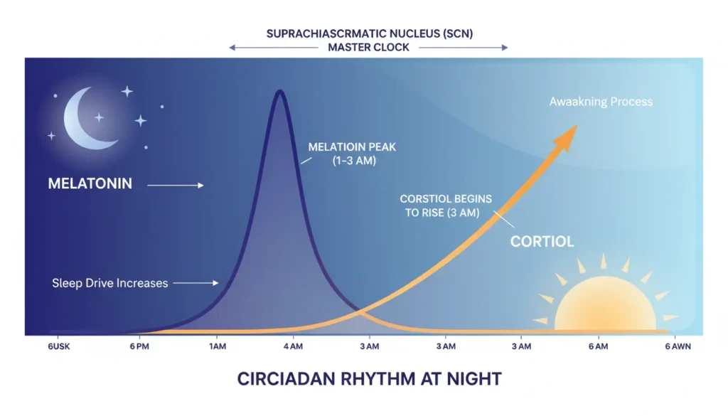 Circadian rhythm changes around 3AM involving melatonin and cortisol.