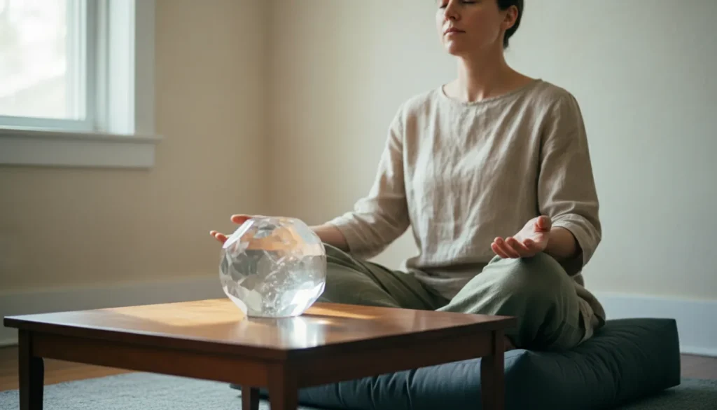 Quiet observation of a symbol using a crystal for emotional clarity.