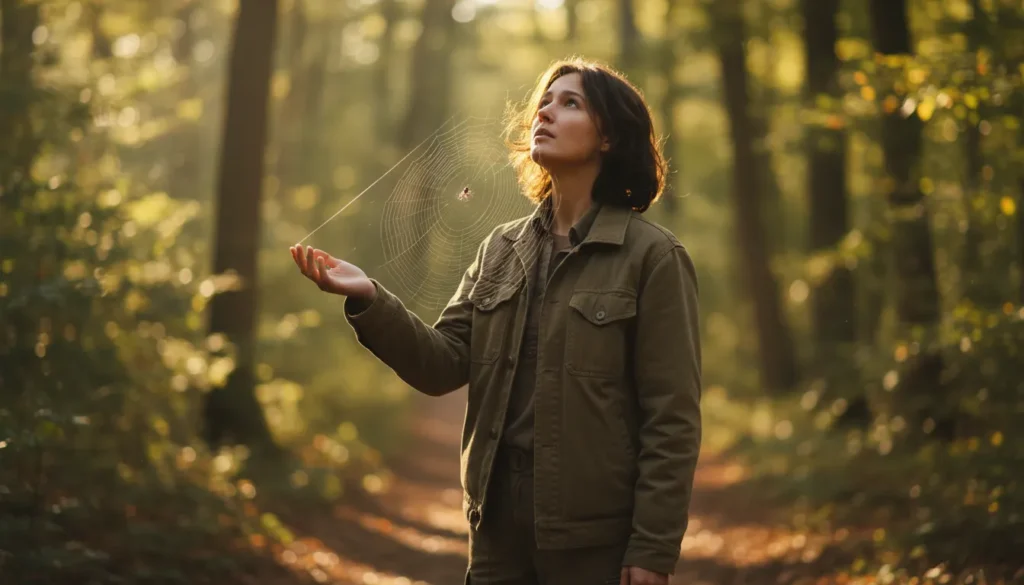 Walking into a spider web as a spiritual sign of interruption and awareness.