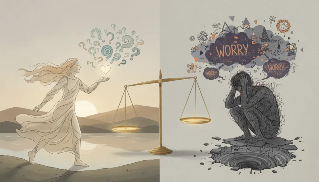 Illustration showing the difference between healthy reflection and anxious overinterpretation.